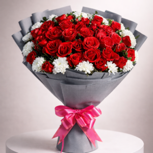 Premium Crimson & White Rose Bouquet